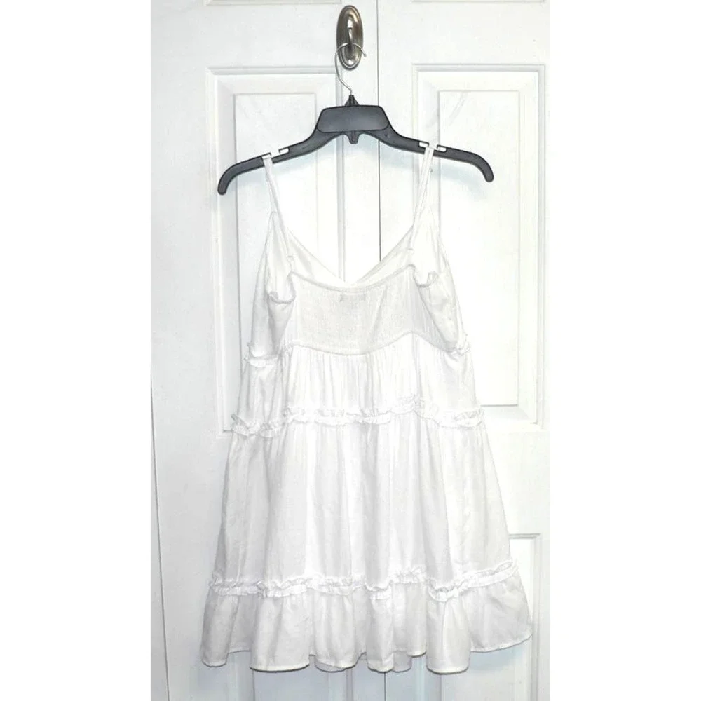 Trixxi VNeck Adjustable Spaghetti Straps Smocked Back Tiered Mini Dress White LG